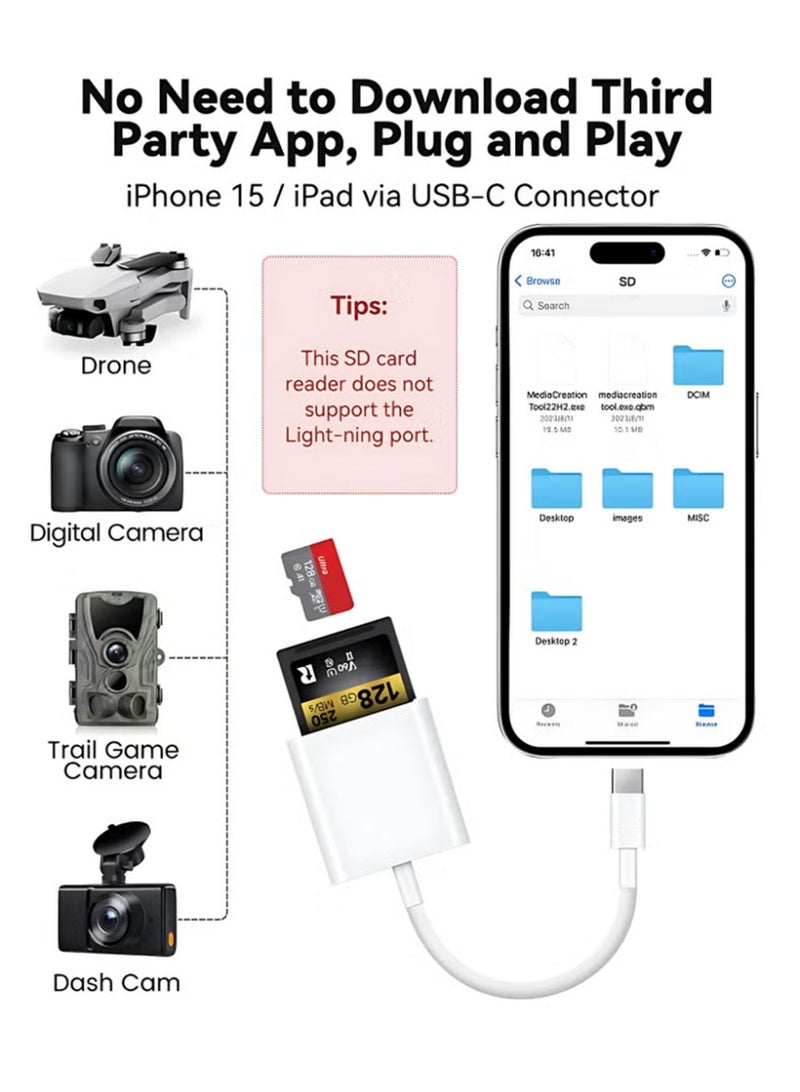 كلافون قارئ بطاقات SD بمنفذ USB-C مناسب لسلسلة iPhone 17/16/15 وiPad وMacBook، يدعم بطاقات SD وMicroSD، تشغيل مباشر بدون إعدادات، بفتحتين للبطاقات - Image 3